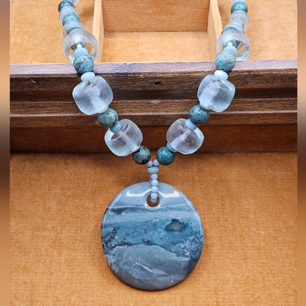 Vtg Gemstone and Glass Sage Sea Green Aqua Boho Artisan Necklace Heavy 20"